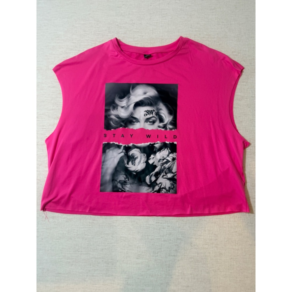 SHEIN Muscle Tee Women L Pink Good Stay Wild Marilyn Monroe Graphic Crop Top